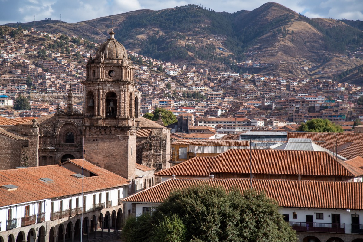 Cusco's Plaza de Armas, where travelers arrive after the overnight bus from Lima to Cusco