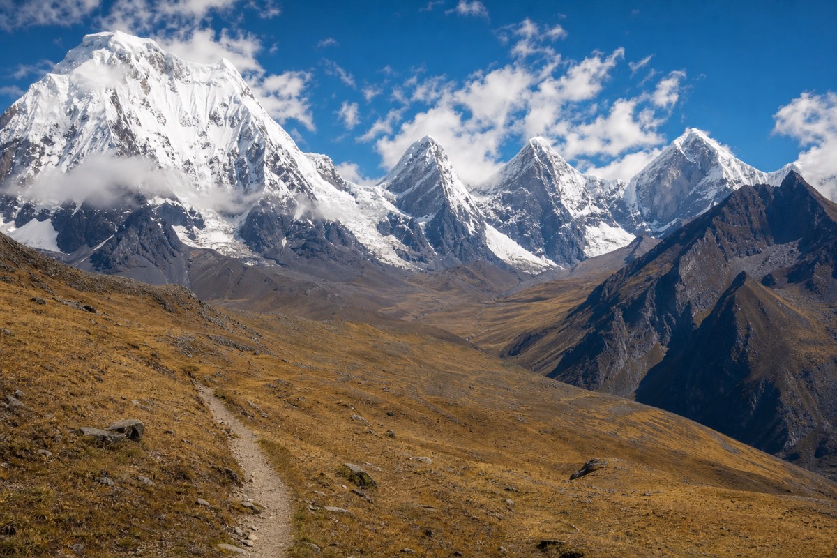 Snow-capped peaks along the Huayhuash circuit in the Cordillera Huayhuash