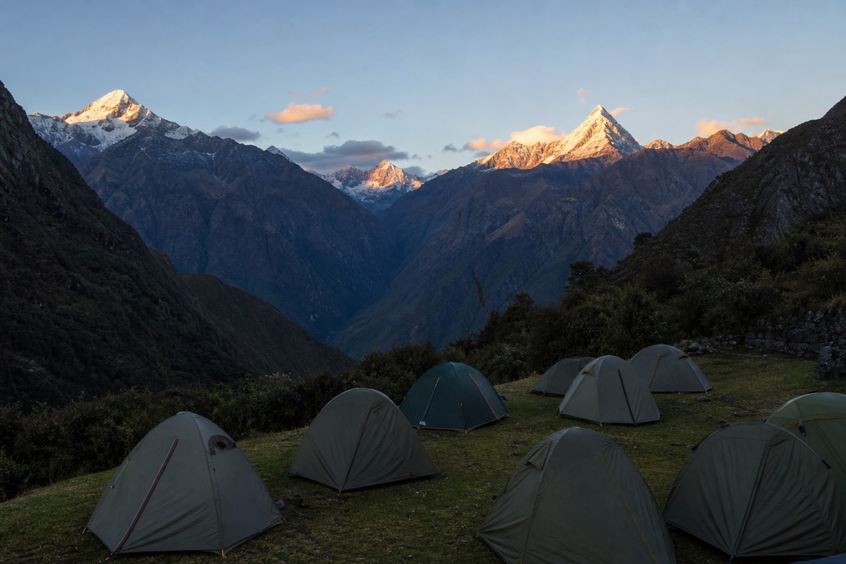 A trekking campsite in a valley along the Inca Trail to Machu Picchu