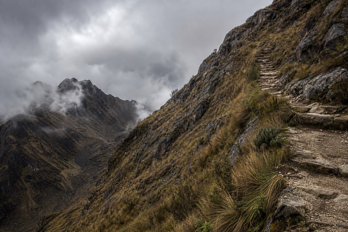 Hikers climbing the stone steps toward Dead Woman's Pass on the classic 4-day Inca Trail