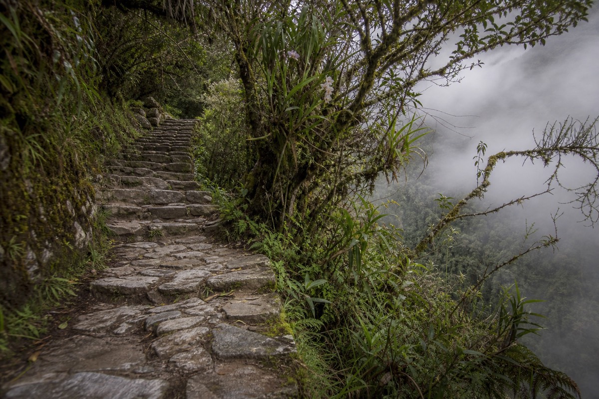 Ancient stone paving on the Inca Trail, worth sturdy boots when packing for the Inca Trail
