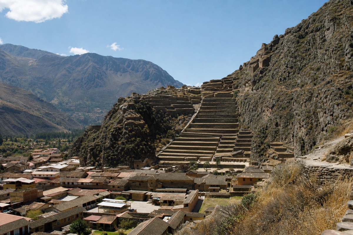 Steep Inca agricultural terraces climbing the hillside above Ollantaytambo in the Sacred Valley of the Incas