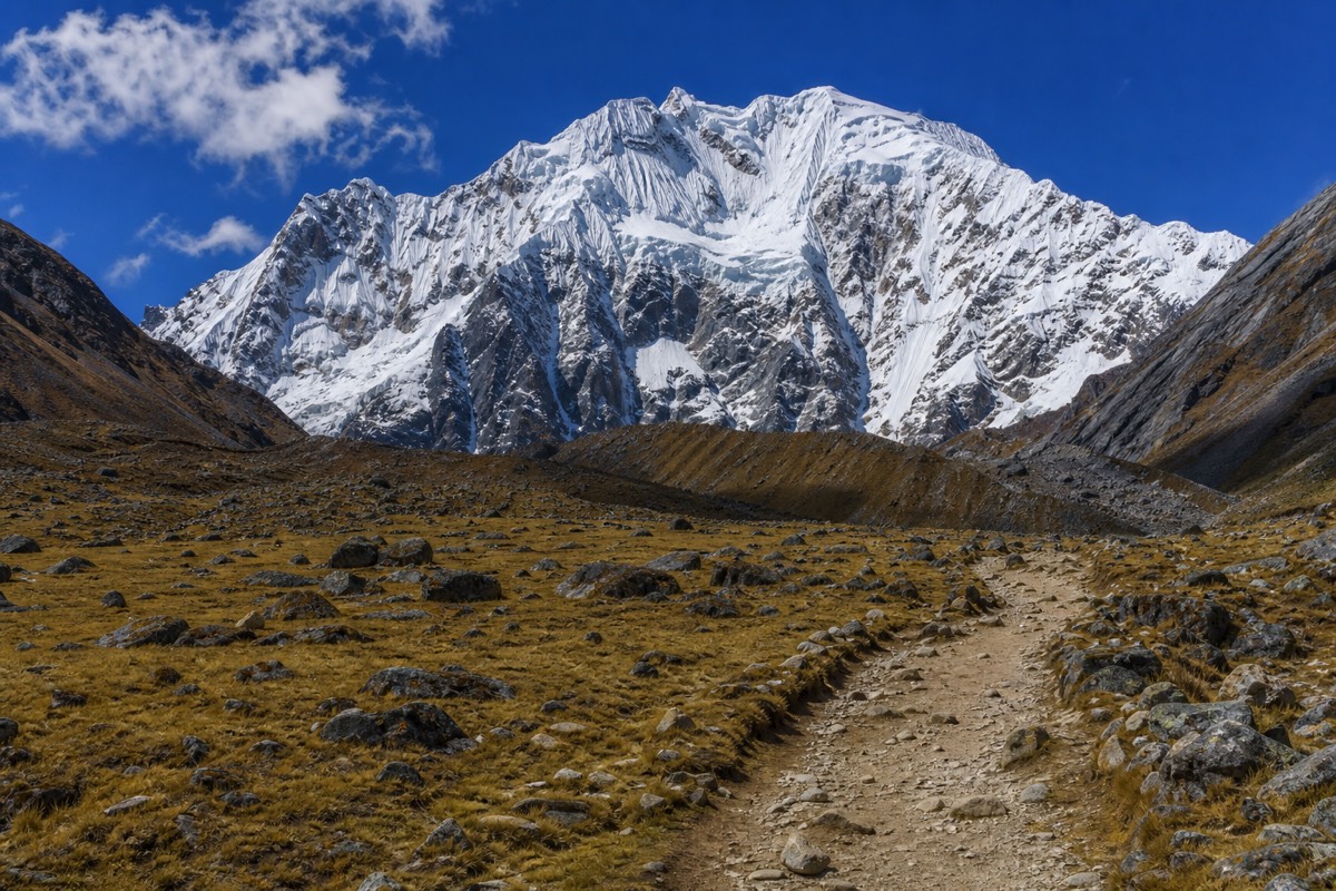 Snow-covered peak of Nevado Salkantay above the Salkantay Trek to Machu Picchu route
