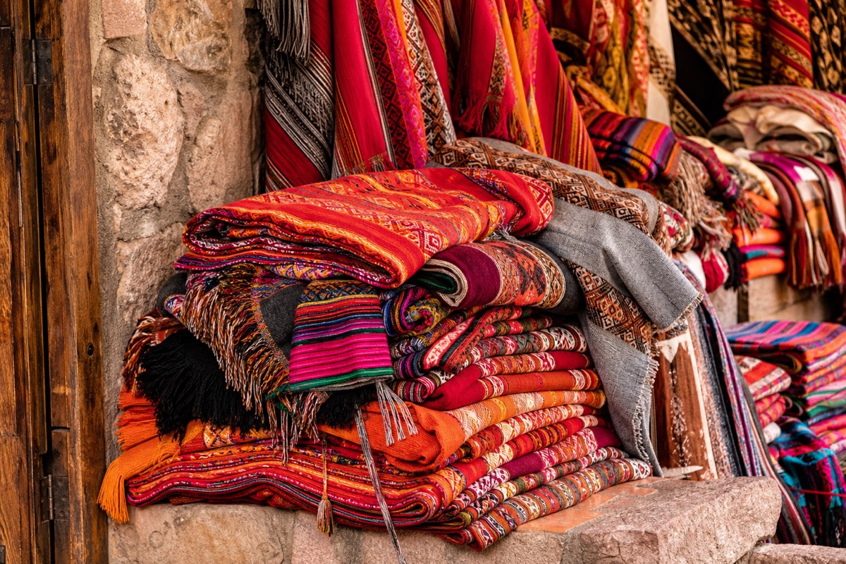 A market stall in the Andes displaying woven textiles and warm layers for a Peru packing list