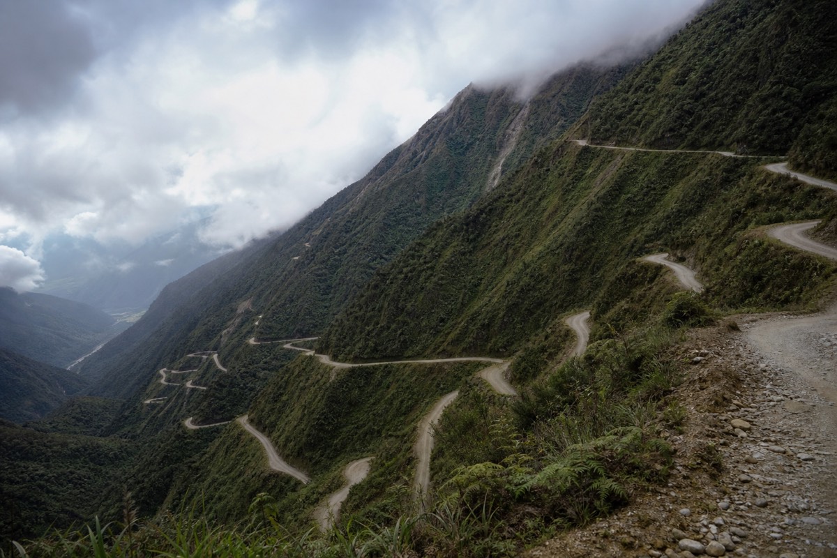 A switchback mountain road through the Peruvian Andes, a typical route for travel around Peru between Lima and Cusco