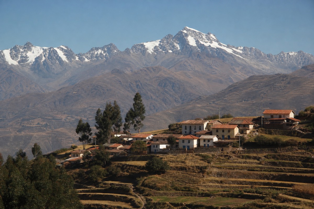 Peru hillside terracotta village in the Sacred Valley of the Incas