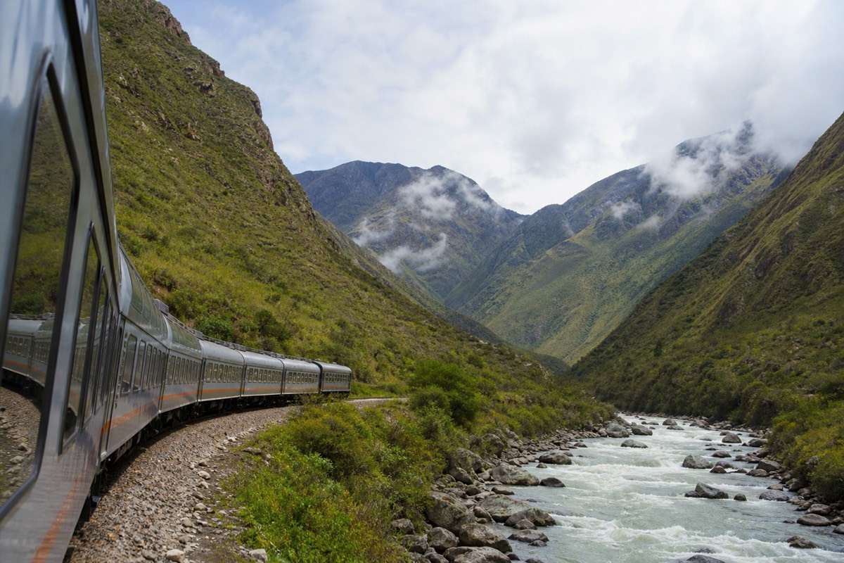 A passenger train through the Andes to Machu Picchu, winding past mountains on the main rail route